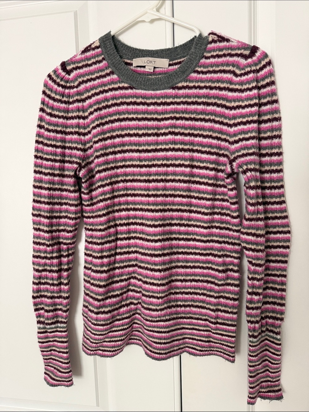 LOFT Striped Crewneck Sweater in Pink, Gray & Black
